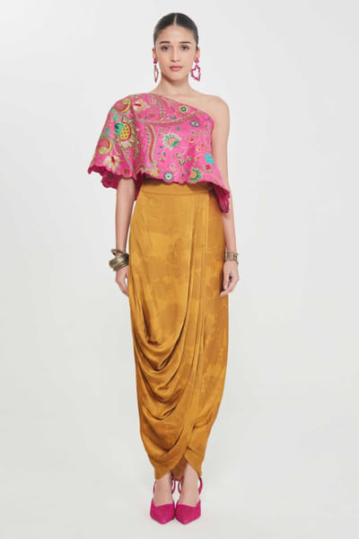 Sand yellow printed drape skirt set