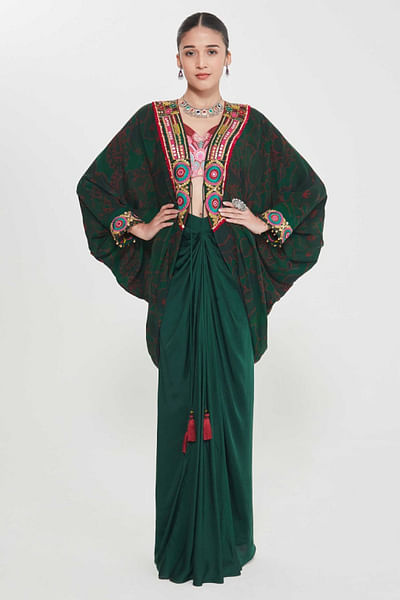 Green hand embellished shrug-drape skirt set