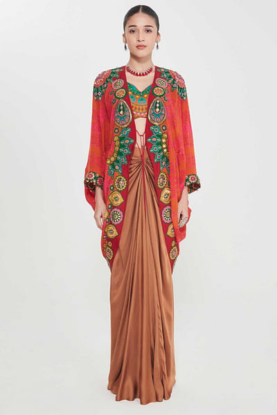 Orange hand embellished shrug-drape skirt set