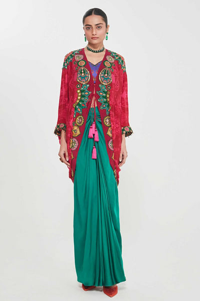 Red hand embellished shrug-drape skirt set