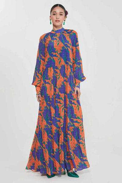 Blue-orange tessellation print tiered dress