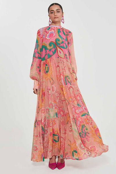 Blush pink floral printed tiered dress