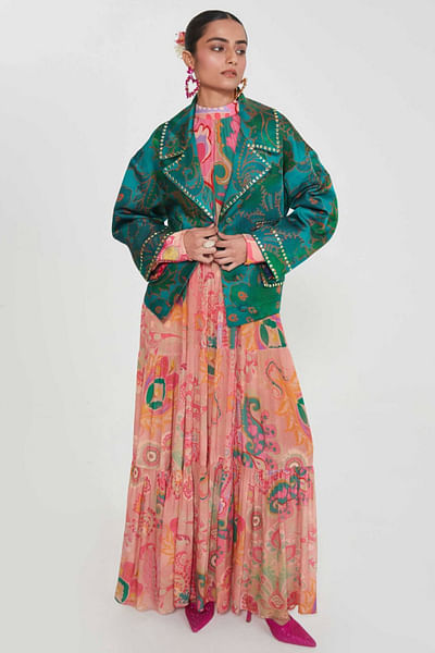 Emerald green print-heart embellished jacket