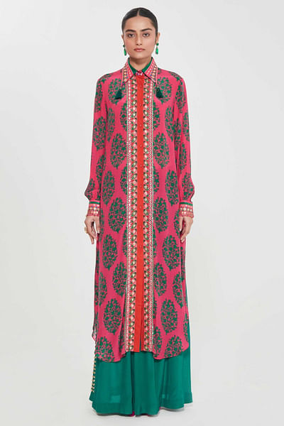 Pink print-hand embroidered shirt tunic set