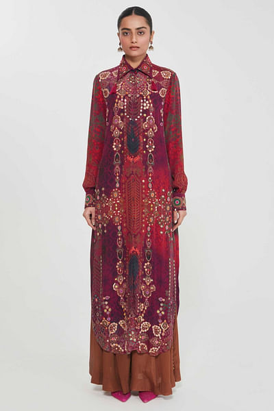 Moca print-hand embroidered shirt tunic set