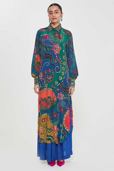 Multicolour print-embroidered shirt tunic set