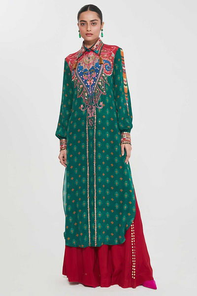 Green print-hand embroidered shirt tunic set