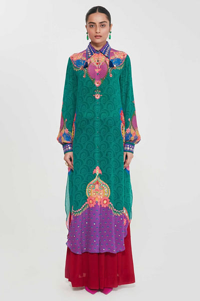 Green print-embroidered shirt tunic set