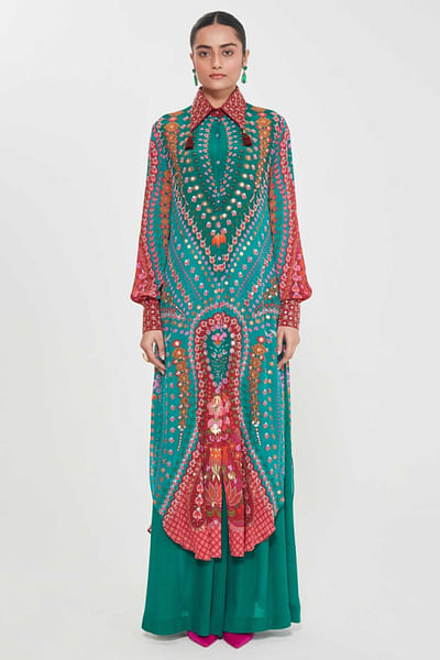 Multicolor print-embroidered shirt tunic set