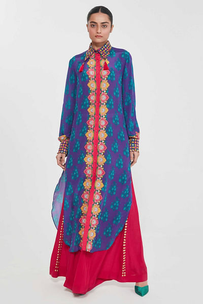 Midnight blue print-embroidery shirt tunic set