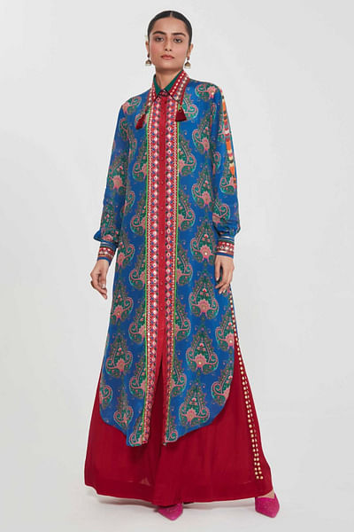 Blue print-hand embroidered shirt tunic set