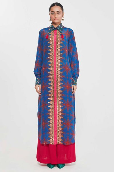 Blue print-hand embellished shirt tunic set