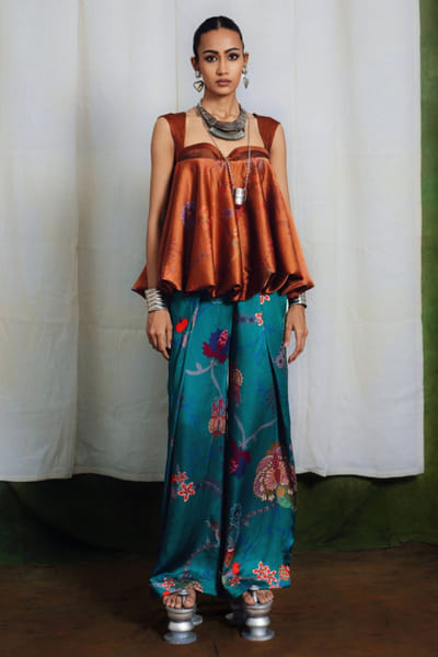 Brown and turquoise pleated co-ord set