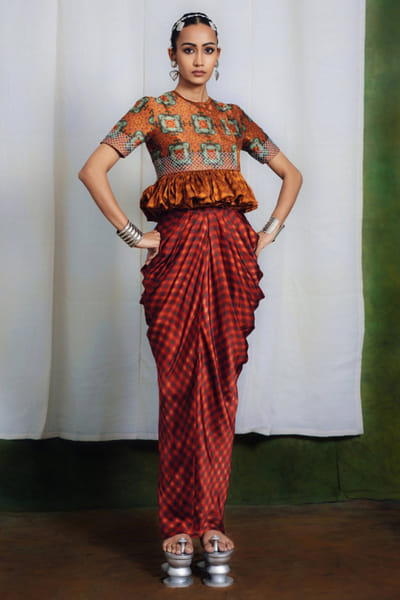 Amber and maroon printed drape cowl skirt set