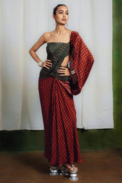Green and maroon asymmetric drape sari dress
