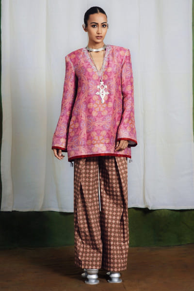 Pink and brown tilla embroidered kurta set