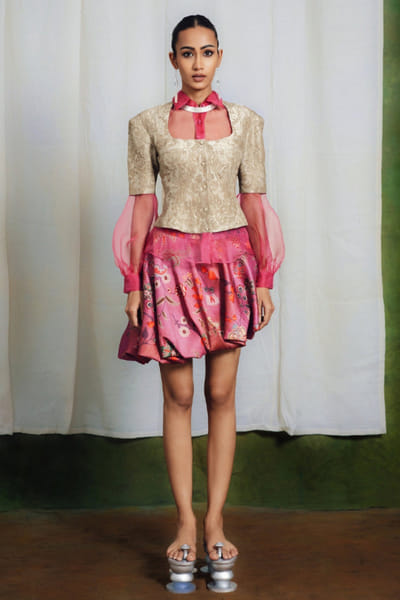 Khaki and pink printed skirt co-ord set