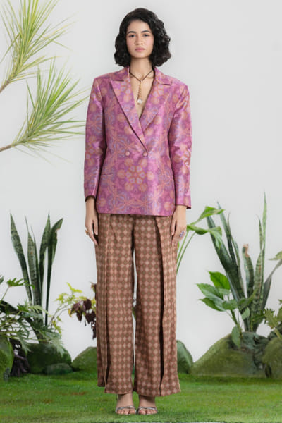 Pink and brown printed blazer jacket set