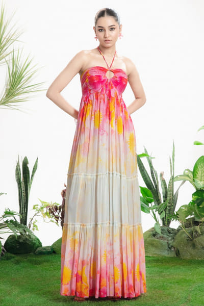 Siddhartha Bansal Pink-white ombre floral print halter dress SIDDMAY26D144957
