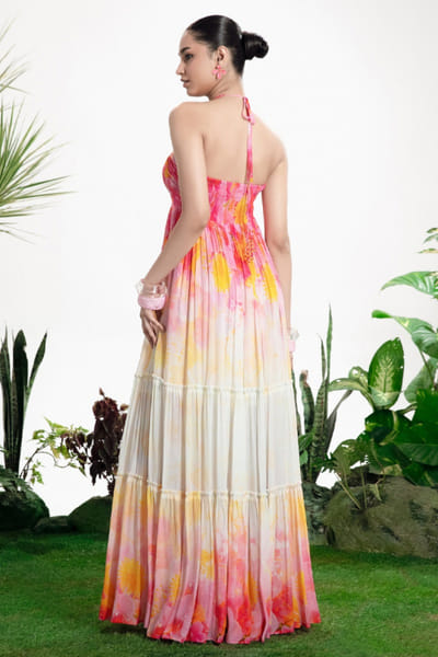 Siddhartha Bansal Pink-white ombre floral print halter dress SIDDMAY26D144957