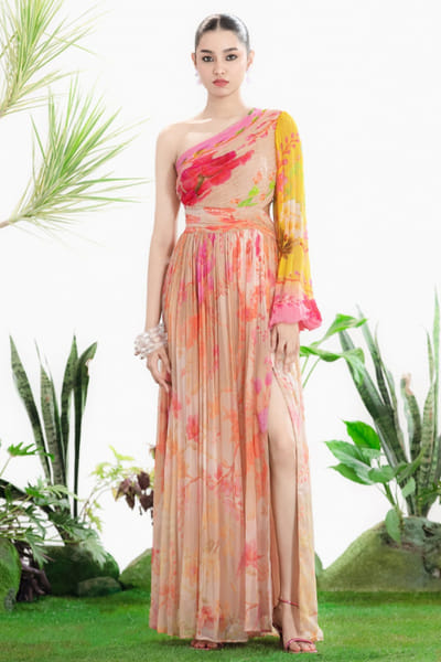 Siddhartha Bansal Multicoloured floral print one-shoulder dress SIDDMAY26D144958