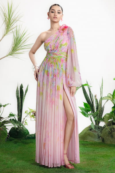Siddhartha Bansal Pink floral print one-shoulder maxi dress SIDDMAY26D144959