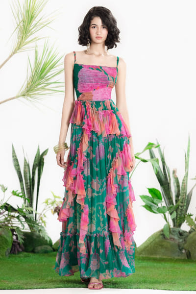 Siddhartha Bansal Green floral print ruched strappy maxi dress SIDDMAY26D144961