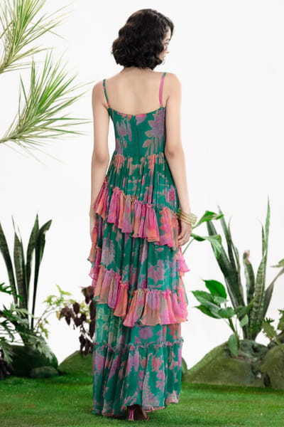 Siddhartha Bansal Green floral print ruched strappy maxi dress SIDDMAY26D144961