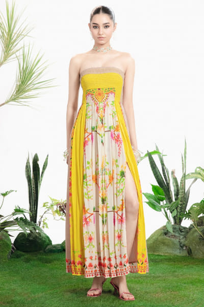 Siddhartha Bansal Yellow-ivory floral print strapless maxi dress SIDDMAY26D144962