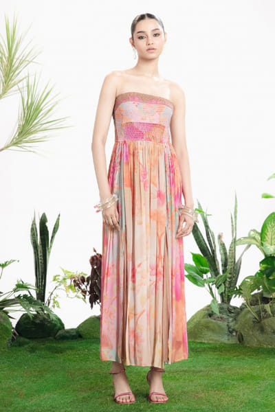 Siddhartha Bansal Blush pink floral print strapless maxi dress SIDDMAY26D144963