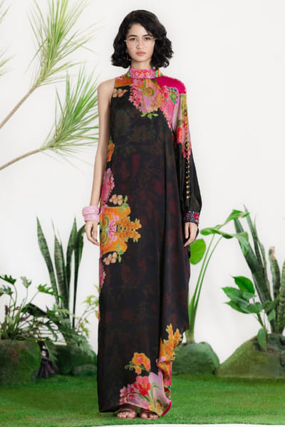 Siddhartha Bansal Black floral print embroidered kaftan dress SIDDMAY26D144964