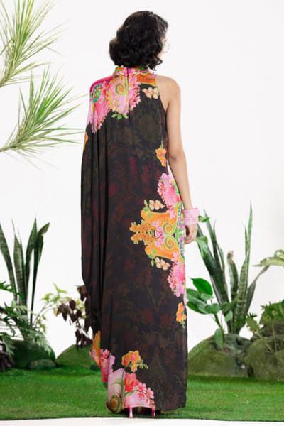 Siddhartha Bansal Black floral print embroidered kaftan dress SIDDMAY26D144964