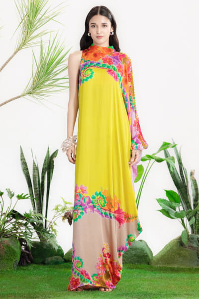 Siddhartha Bansal Yellow floral print embroidered kaftan dress SIDDMAY26D144965