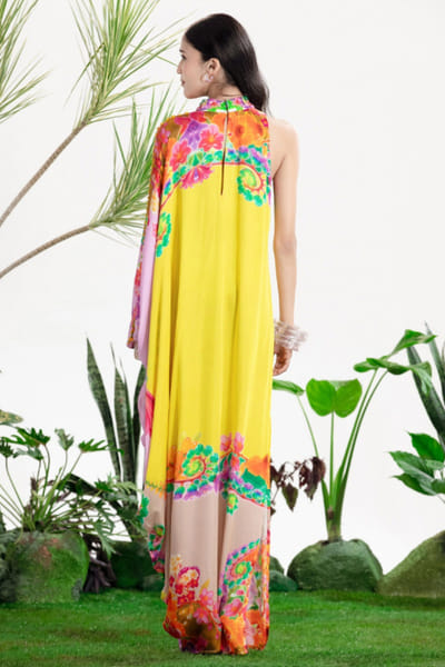 Siddhartha Bansal Yellow floral print embroidered kaftan dress SIDDMAY26D144965
