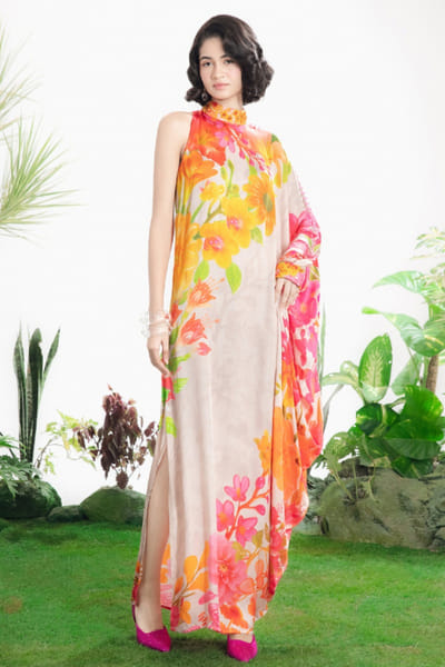 Siddhartha Bansal Ivory floral print embroidered kaftan dress SIDDMAY26D144966