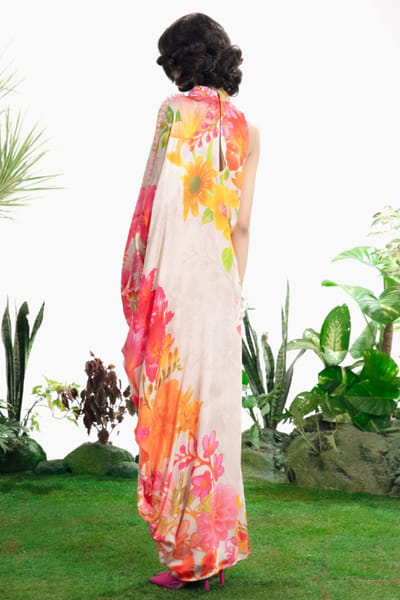 Siddhartha Bansal Ivory floral print embroidered kaftan dress SIDDMAY26D144966
