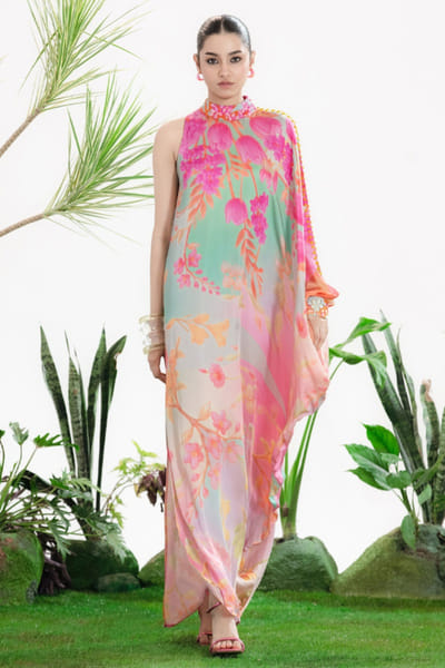Siddhartha Bansal Green-pink ombre floral print kaftan dress SIDDMAY26D144967