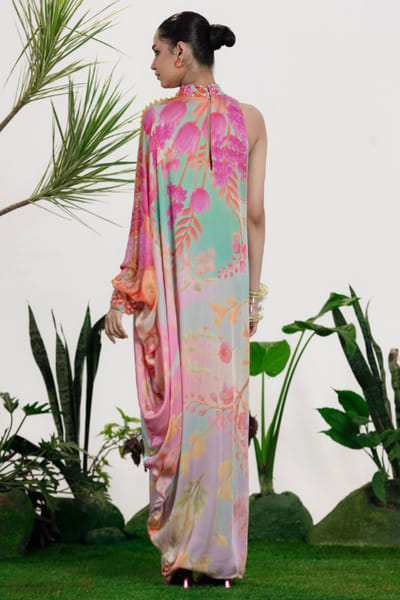 Siddhartha Bansal Green-pink ombre floral print kaftan dress SIDDMAY26D144967