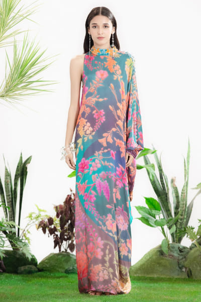Siddhartha Bansal Blue floral print embroidered kaftan dress SIDDMAY26D144968