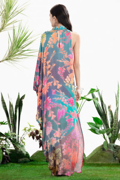 Siddhartha Bansal Blue floral print embroidered kaftan dress SIDDMAY26D144968