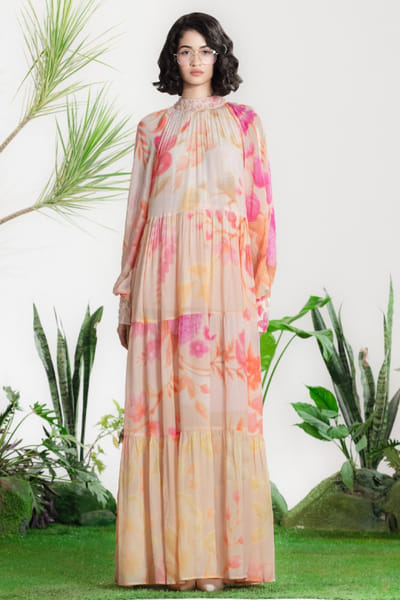 Siddhartha Bansal Soft pink floral print tiered maxi dress SIDDMAY26D144969