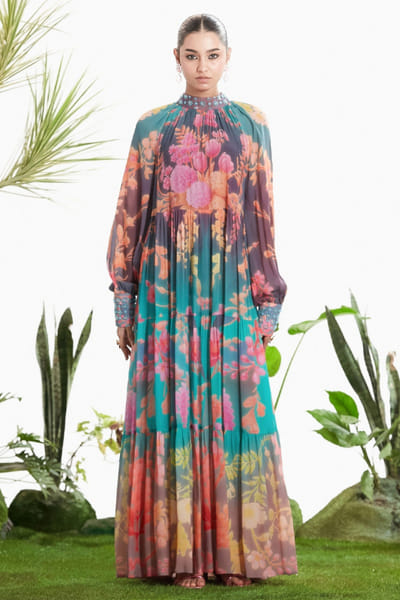 Siddhartha Bansal Blue floral print tiered maxi dress SIDDMAY26D144970