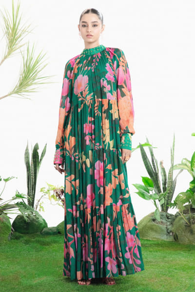 Siddhartha Bansal Green floral print embroidered tier maxi dress SIDDMAY26D144971