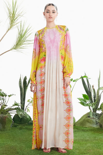 Siddhartha Bansal White-yellow handprinted floral pintuck dress SIDDMAY26D144972