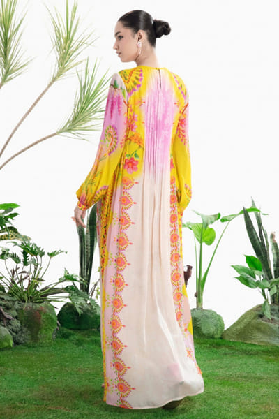 Siddhartha Bansal White-yellow handprinted floral pintuck dress SIDDMAY26D144972