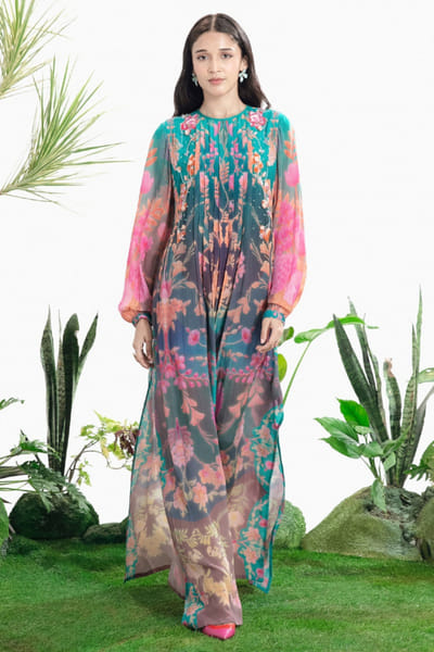 Siddhartha Bansal Blue handprinted floral pintuck maxi dress SIDDMAY26D144973