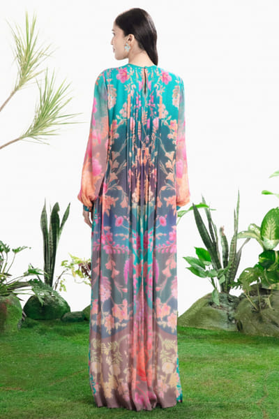 Siddhartha Bansal Blue handprinted floral pintuck maxi dress SIDDMAY26D144973