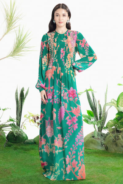 Siddhartha Bansal Green handprinted floral pintuck maxi dress SIDDMAY26D144974