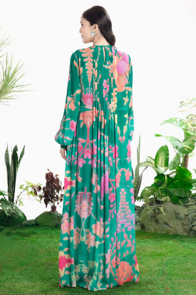 Siddhartha Bansal Green handprinted floral pintuck maxi dress SIDDMAY26D144974
