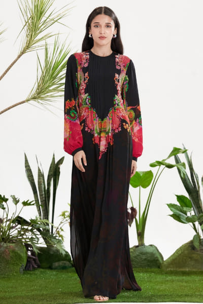 Siddhartha Bansal Black handprinted floral pintuck maxi dress SIDDMAY26D144975